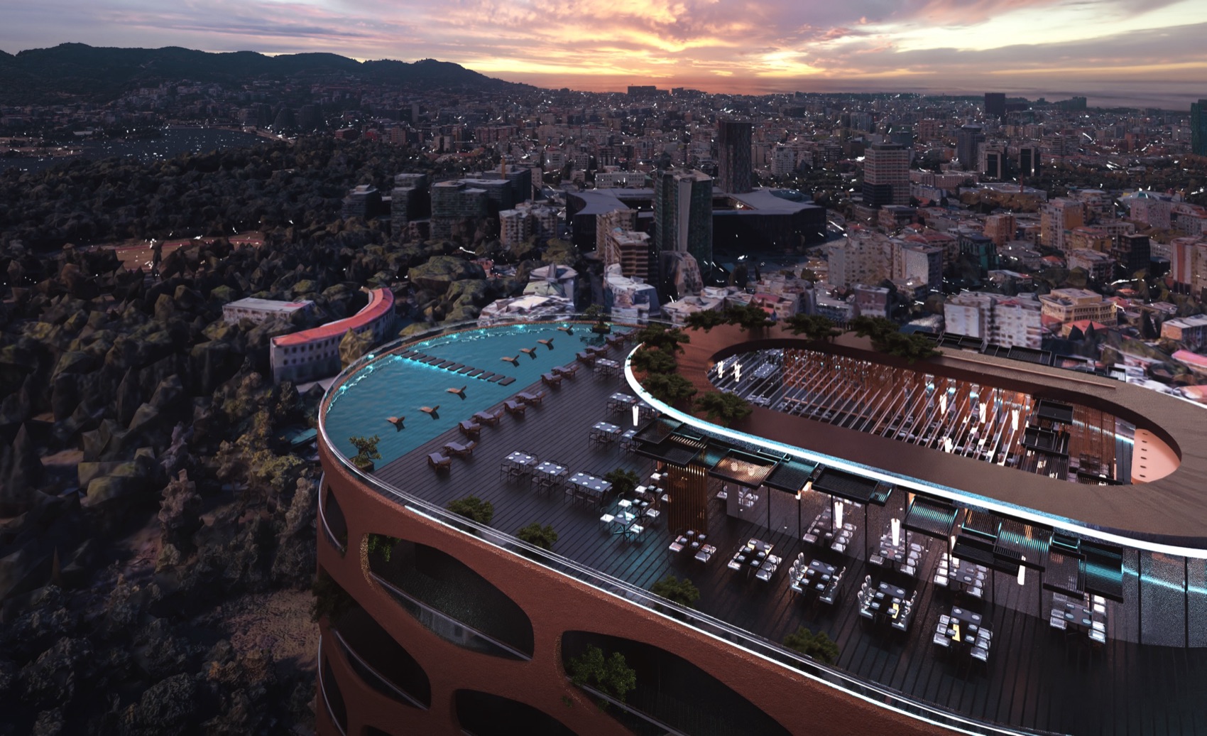 Rooftop infinity pool overlooking Tirana at sunset